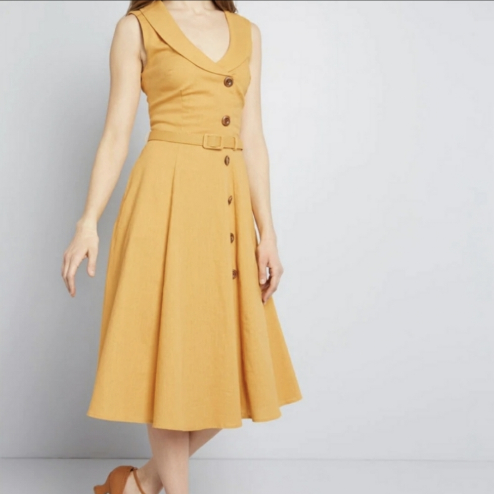 Collectif/Modcloth Mustard Button-Accent Belted Shawl-Collar Midi Dress